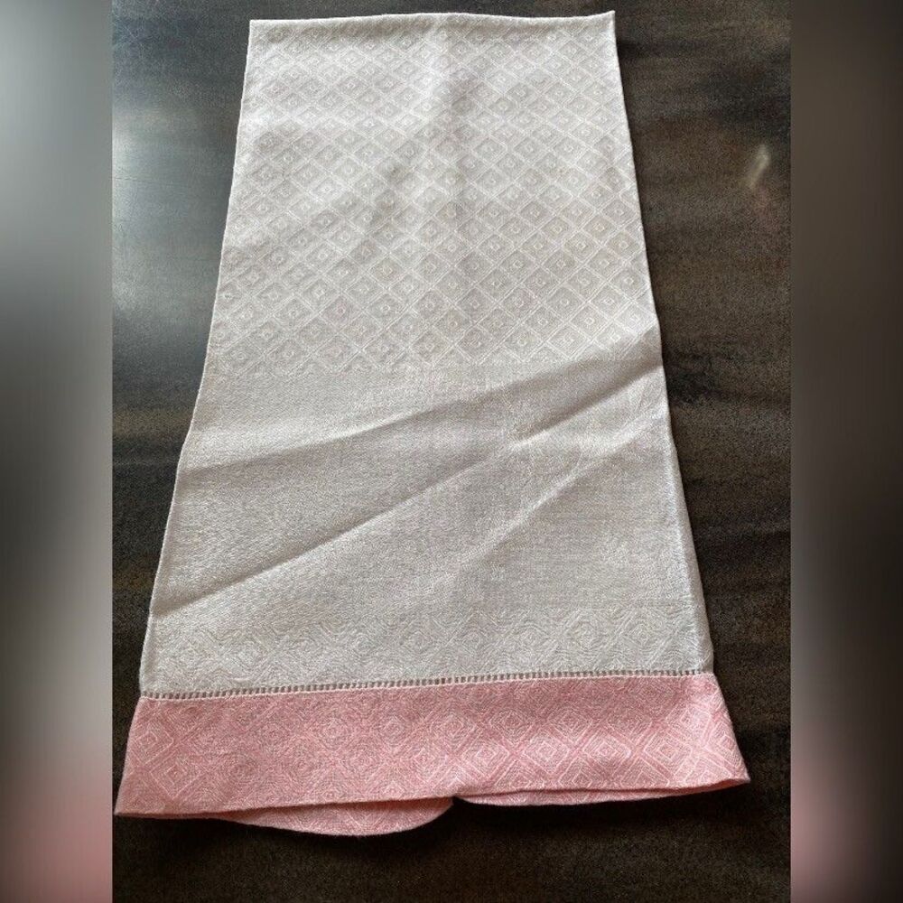 Vintage Table Runner White Pink Embossed Linen Grandmacore 29x16”